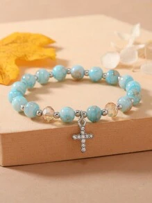 Braccialetto con perline con strass fascino croce