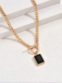 1pc Vintage Style Black Rectangular Gemstone Pendant With Gold Chain, Simple Clavicle Chain Accessory For Women, Suitable For Parties And Daily Wear - Black - View 3