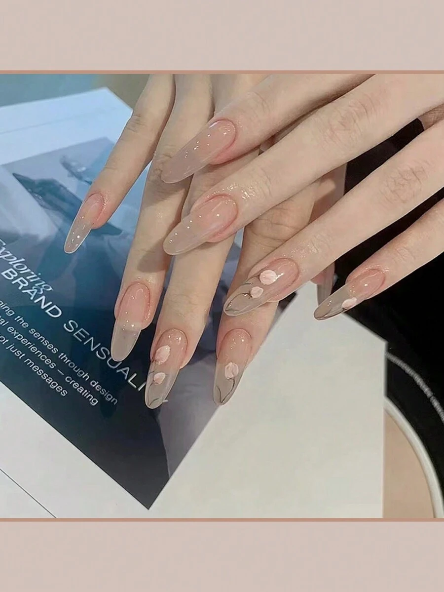 24 Piezas De Uñas Acrílicas Largas Con Diseño Floral, Estilo Fresco Y Sencillo De Ins - Multicolor - Ver 1