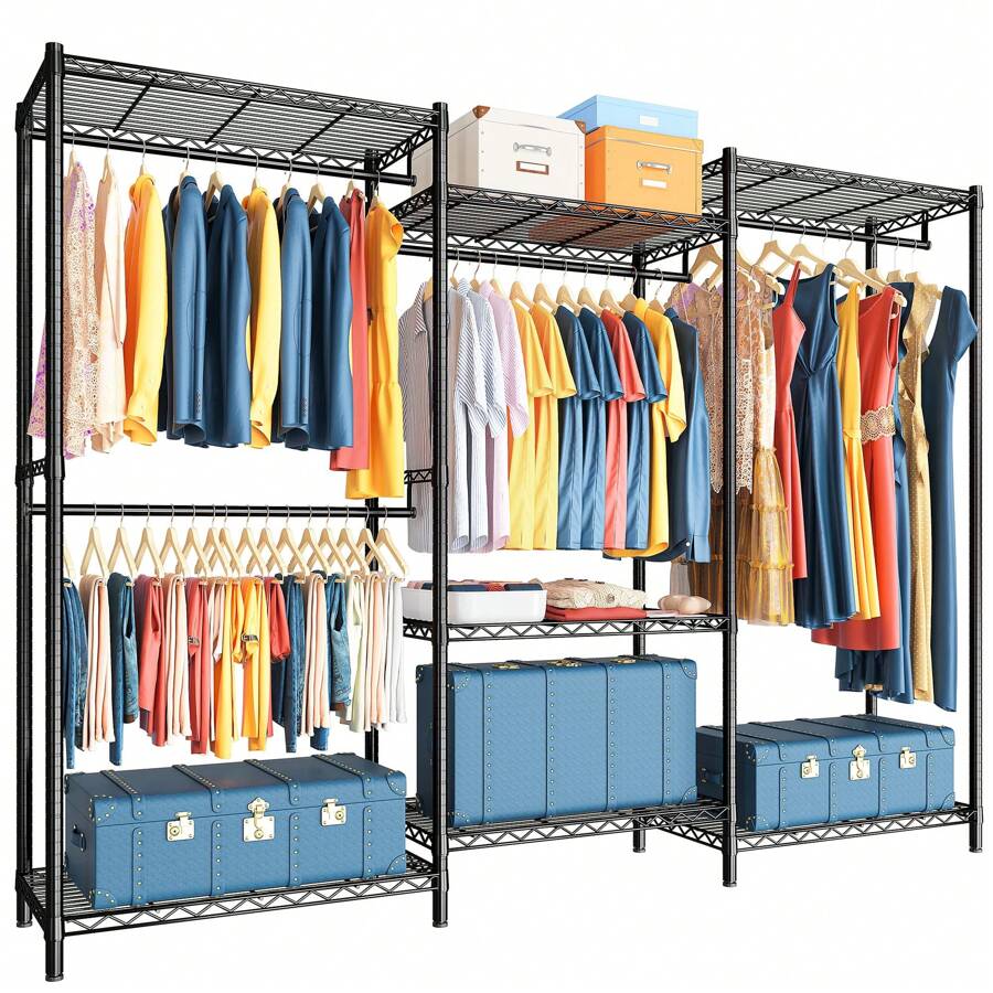 Raybee Clothes Rack Heavy Duty Portable Clothing Rack Freestanding Closet Organizer, Portable Closet Wardrobe Heavy Duty Clothes Rack, Freestanding Clothing Rack With Hang Rods 77"H X69"W X16"D, Black - 16"D x 69"W x 77"H - View 1