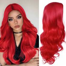 Long Red Wavy Wigs for Women Curly Middle Part Red Wig Natural Looking Synthetic Heat Resistant Fiber Wigs Hair for Daily Party Use (Bright Red) - Red - View 2