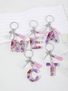 1pc Women's Keychain With Dried Daisy, Crystal Beads, Resin & Beaded Tassel Letter Pendant - Purple - View 2