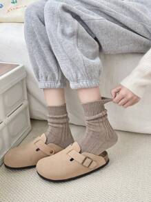 1雙女式粗線復古純色條紋中筒襪秋冬日常穿著 - 卡其色 - 查看 1
