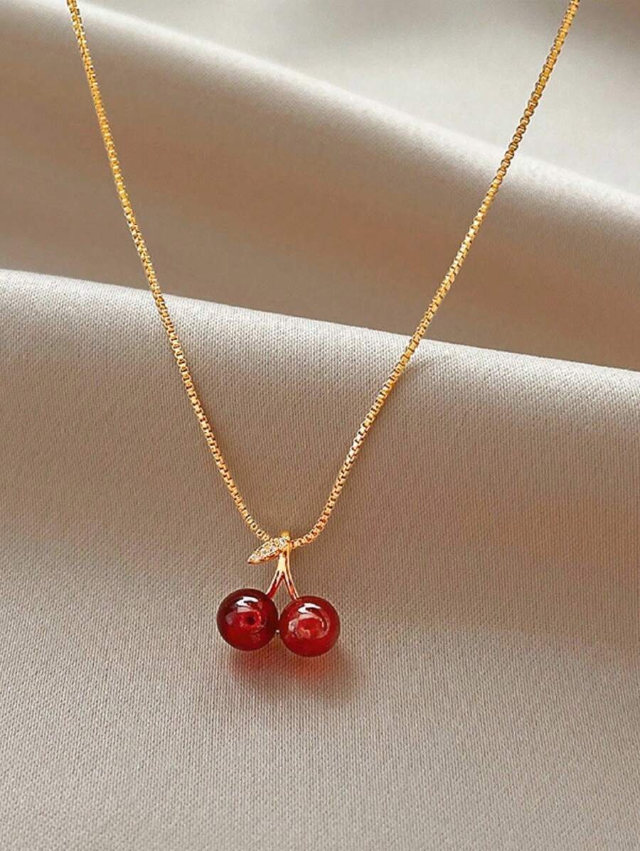 QTHOPE 1 件簡約奢華紅櫻桃吊墜項鍊適合女士日常佩戴