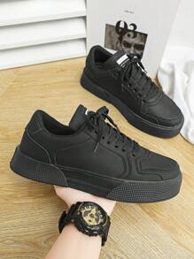 新款厚實純色運動鞋,時尚透氣白色鞋子 - 黑色 - 查看 2