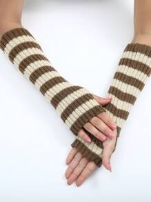 1 雙女式卡其色條紋羊毛手套,秋冬露指手套,時尚女式針織臂套 - 卡其色 - 查看 3