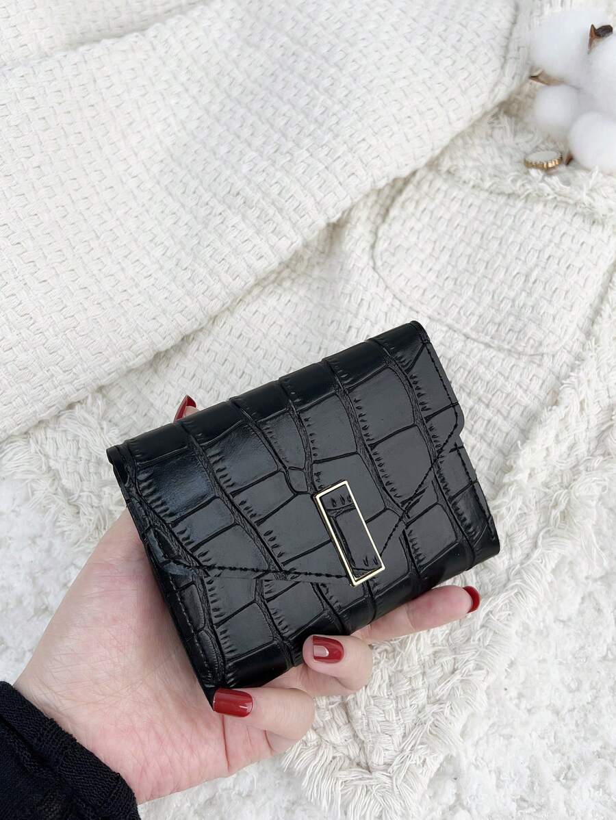 鳄鱼压纹翻盖零钱包 小号 ID 窗口 双折女士钱包 图案雕刻 ID 简约时尚 现代商务 周年纪念 生日礼物 女孩 女士 女包 学校用品 宿舍及返校 女士钱包 钱包 小钱包 - 黑色 - 查看 1