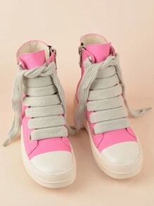 女士玫瑰粉色高筒帆布平底休閒鞋，時尚舒適，側拉鍊及鞋帶設計，運動鞋 - 粉色 - 查看 3