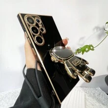 Black Anti-Drop Electroplated Straight Edge Tpu Soft Shell With Diy Soft Rubber Strap And Astronaut Holder Phone Case Compatible With Apple, Samsung, Android Phones