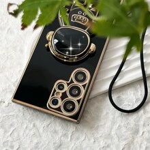 Black Anti-Drop Electroplated Straight Edge Tpu Soft Shell With Diy Soft Rubber Strap And Astronaut Holder Phone Case Compatible With Apple, Samsung, Android Phones