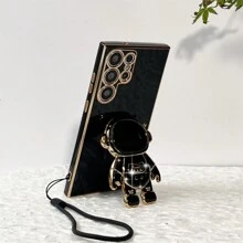 Black Anti-Drop Electroplated Straight Edge Tpu Soft Shell With Diy Soft Rubber Strap And Astronaut Holder Phone Case Compatible With Apple, Samsung, Android Phones