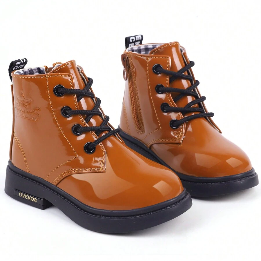 Toddler Girls Boys Fashion Ankle Boots Kids Lace Up Combat Boots with Side Zipper Smooth PU Leather Waterproof Shoes Optional Lining - 織物襯裡 - 棕色 - 查看 1