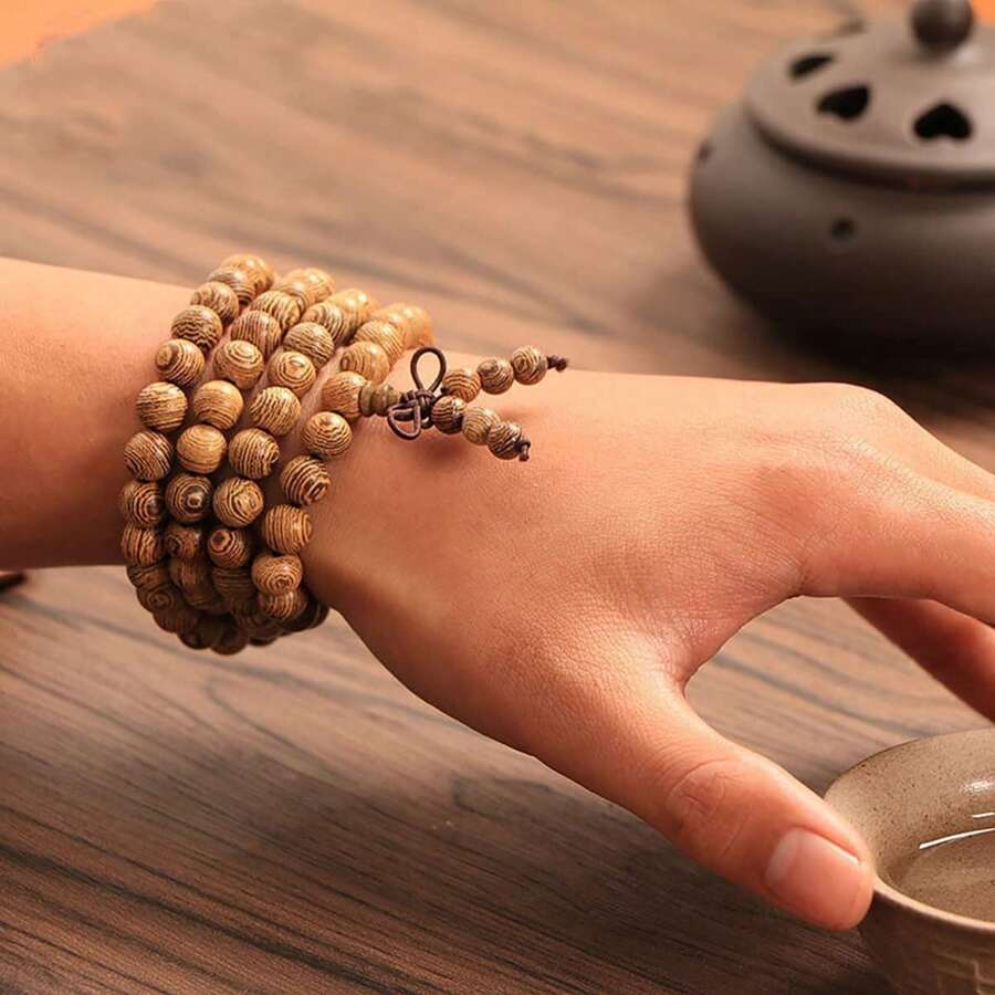 1條木製手鍊108顆念珠手鍊,8mm木頭念珠檀香木連接手鏈手鍊,男女皆適用的編結手鍊項鍊 - 卡其色 - 查看 1
