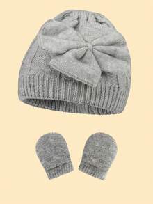1 件嬰兒/幼兒蝴蝶結無簷小便帽和扭紋手套套裝 - 灰色 - 查看 3