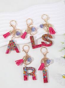 1個女士閃爍水晶樹脂&流蘇鑰匙扣,帶有字母吊墜 - 玫紅色 - 查看 2