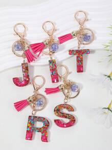 1個女士閃爍水晶樹脂&流蘇鑰匙扣,帶有字母吊墜 - 玫紅色 - 查看 3