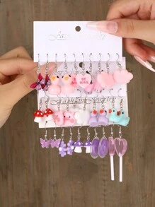 30入組心形、蝴蝶、蘑菇、雲朵、公鴨動物卡通耳環,適用於女性約會和假期(蝴蝶隨機) - 彩色 - 查看 1