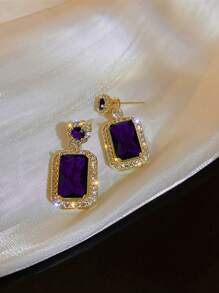 1set Full Rhinestone Square Pendant Necklace, 1pair Earrings, 1pc Ring Jewelry Set - Purple - View 7