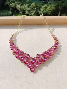 1pc Ladies Rhinestone Decor Necklaces Stylish  Fashionova Chunky Bib Cocktail - Hot Pink - View 2
