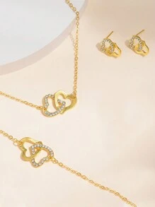 5pcs Pink Rhinestone Double Layer Heart Necklace & Earrings Set, Gift For Girls - Rose Gold - View 4