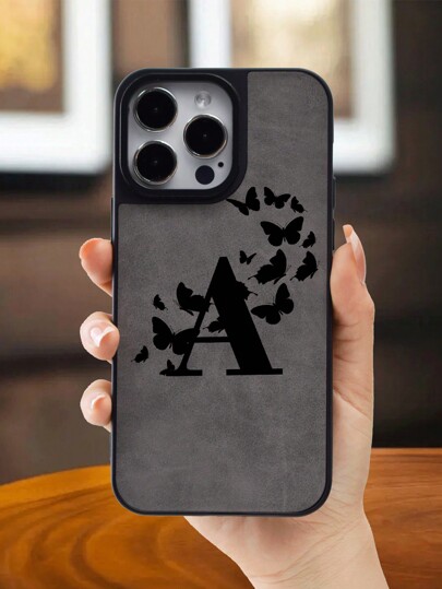 1pc Dual Layered Deep Grey Velvet Letter & Butterfly Pattern Phone Case For Iphone11/12/13/14/15