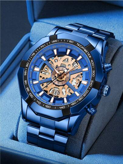 BINBOND Fashion Men's Skeleton Quartz Watch Stainless Steel Waterproof Top Brand Luxury Transparent Quartz Sports Men's Watch Punk Hip-Hop Band Style Skeleton Quartz Men's Watch