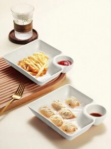 2 件裝塑膠盤、餃子盤附醬盤、方形餐盤、小吃拼盤、壽司盤、水果盤、甜點盤、廚房用品 - 白色 - 查看 1