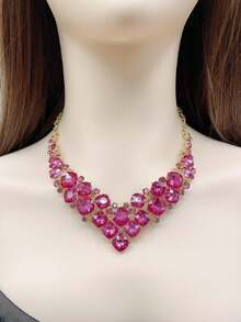 1pc Ladies Rhinestone Decor Necklaces Stylish  Fashionova Chunky Bib Cocktail - Hot Pink - View 4