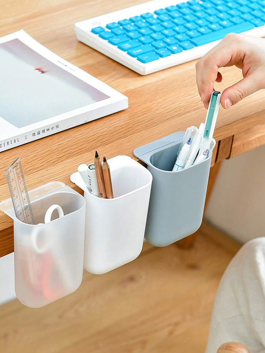 Creative Adhesive Pen Holder For Student Desk Side Or Office Desktop, Hanging Pencil Case For Stationery Storage, Random Color - White - View 1
