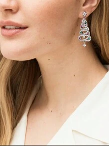 1对圣诞风格耳环，圣诞树造型，彩色水晶和立方氧化锆装饰，女士个性化耳钉耳环 - 彩色的 - 查看 2