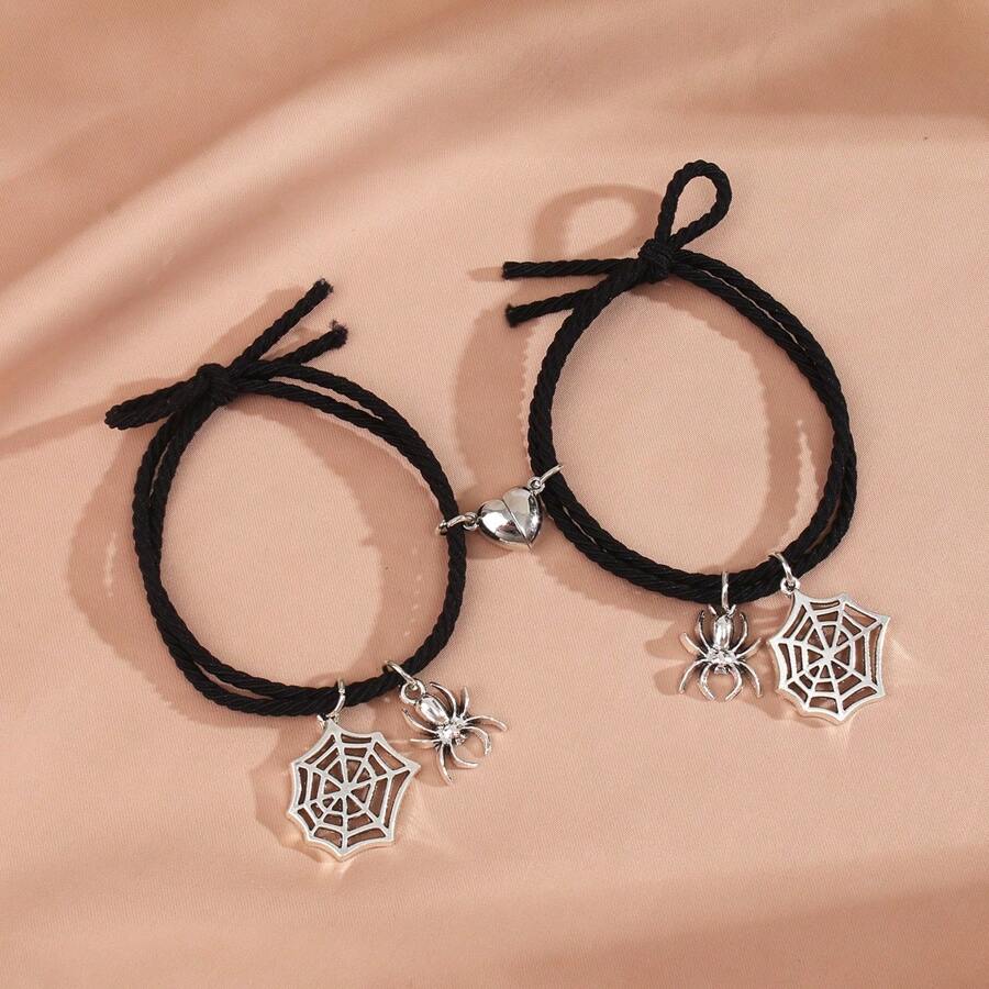 ZIRUISP 2入組黑色時尚磁性蜘蛛和心形彈性繩手鍊和髮圈,情侶日常穿戴 - 1對黑色蜘蛛愛心磁鐵彈力繩手繩 - 查看 1