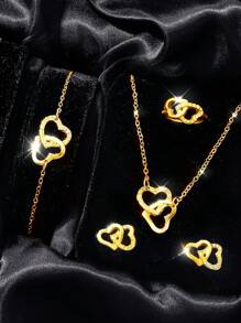 5pcs Pink Rhinestone Double Layer Heart Necklace & Earrings Set, Gift For Girls - Rose Gold - View 2