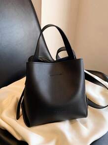 时尚女士迷你水桶手提包，简约黑色 PU 皮革复古通勤多功能单肩包适合女士购物日常使用，商务休闲女包非常适合办公室商务和工作 - 黑色 - 查看 6