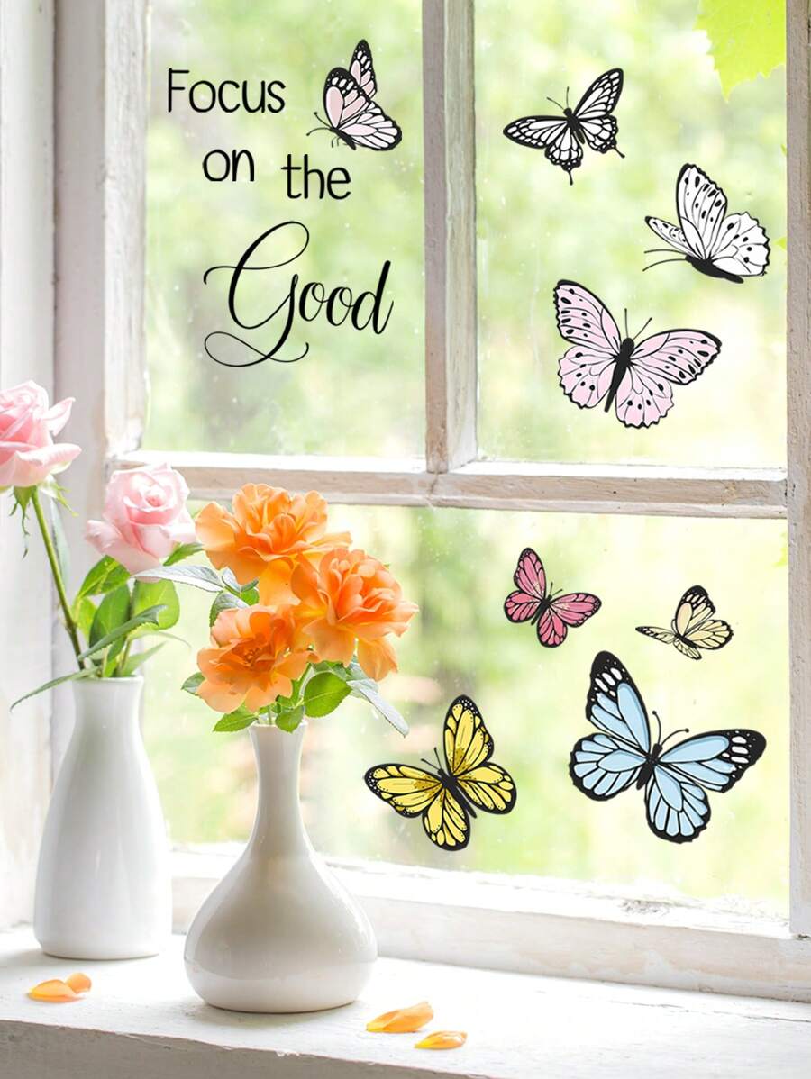 1入組1張語錄與彩色蝴蝶設計電靜貼紙,適用於窗戶和玻璃裝飾 - 彩色 - 查看 1