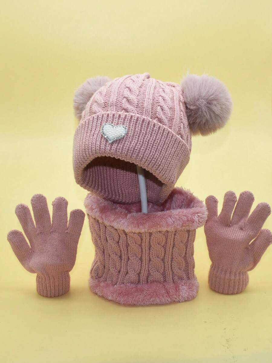 1套童裝帽子、圍巾和手套套裝,帶有心形裝飾 - 粉色 - 查看 1