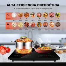 Cocina Eléctrica de Inducción Doble, Encimera Eléctrica Digital de 1000W con 2 Quemadores, Sensor Táctil, Control Independiente, 8 Niveles de Temperatura y Potencia, Temporizador de 3 Horas, Bloqueo de Seguridad - Negro - Ver 2