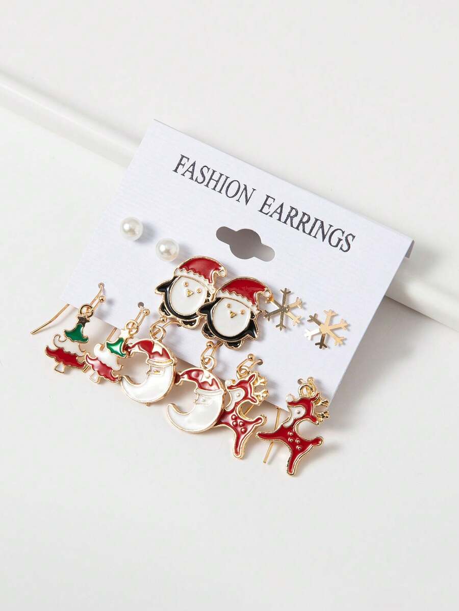 6pcs/set Christmas Theme Earrings - penguin and deer - View 1