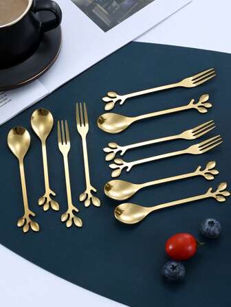 10pcs/set Stainless Steel Spoon & Fork, Leaf Design Cutlery Set, Creative Dessert Spoons And Forks For Dining