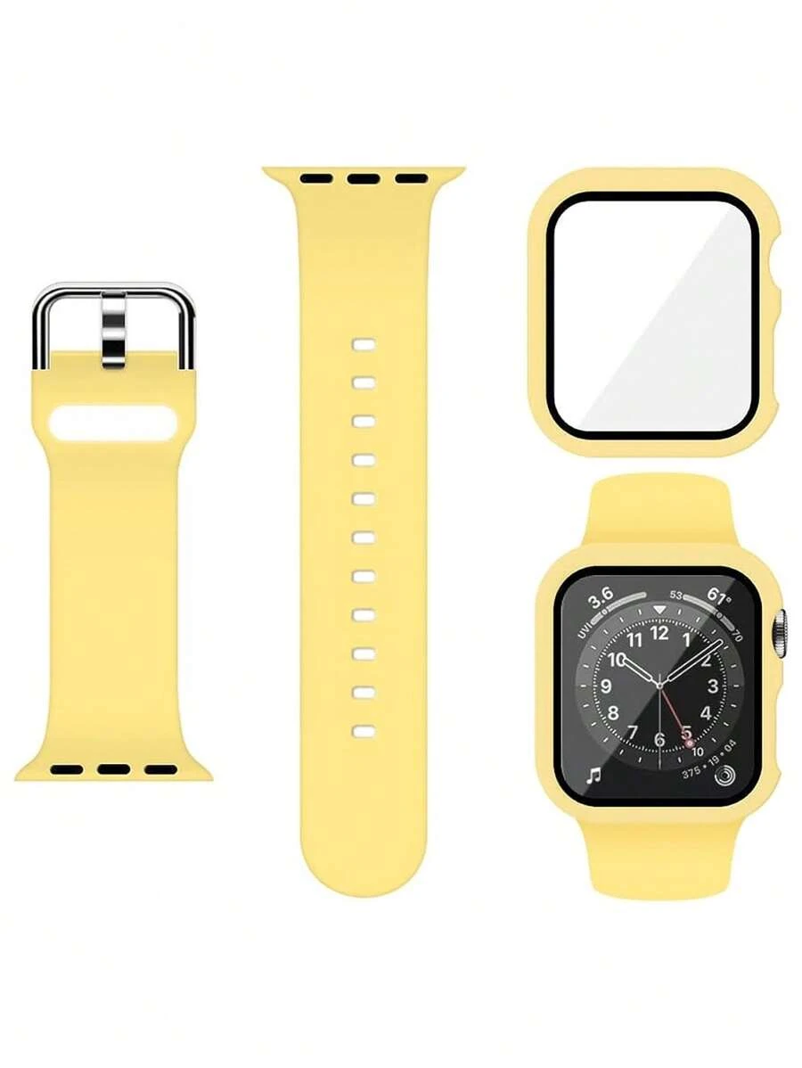 2 件/套黄色男女可爱柔软硅胶运动表带和二合一屏幕保护膜超薄钢化膜表壳，适用于 表带 38/40/41/42/44/45/46/49mm，Series Ultra/SE/11/10/9/8/7/6/5/4/3/2/1，智能手表表壳配件