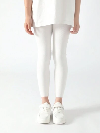 1 Pair Children's Leggings, Girls' Skinny Pants, Vertical Stripes, White, Solid Color, Cropped Tights, Suitable For Summer, All Seasons, Daily Wear, Back To School Season, Students, New School Term, Start Of School, Classroom