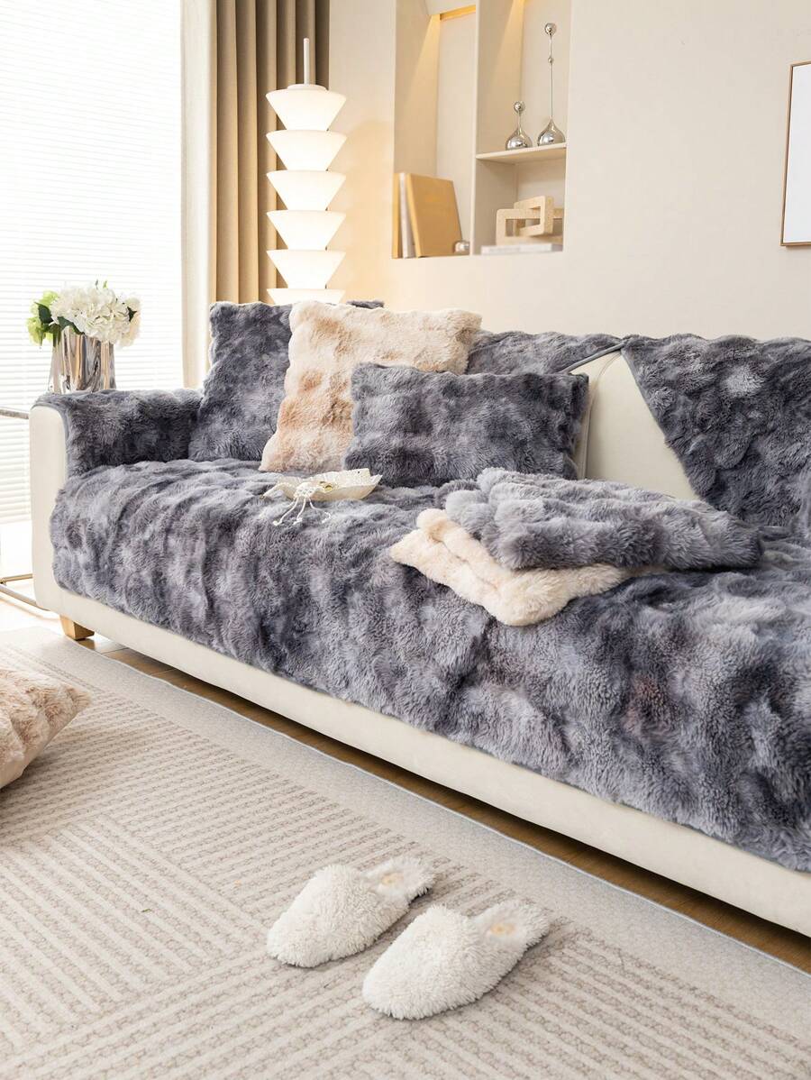 1 件冬季加厚毛絨沙發套適用於 1/2/3/4 人座沙發,帶座墊和扶手套 - 深灰色 - 查看 1