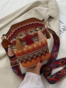 Shoulder Bag, Diagonal Shoulder Bag, Crossbody Bag, Handbag, Woven Feeling, Retro Foreign Style, Embroidered Tassels, Travel Fashion, Niche Design, Texture, Work School, Student Girl - Brown - View 3