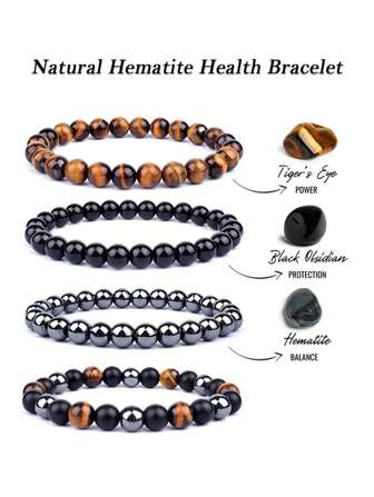 1入組8mm自然黑曜石赤鐵礦虎眼串珠手鏈適合男士,活力石頭首飾類
