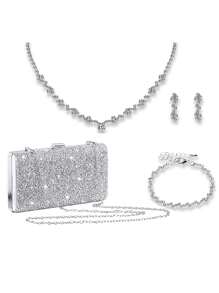 閃爍耀眼,閃閃發光,優雅精緻,時尚女性鑲鑽裝飾晚禮服手拿包,配有手鏈、肩帶、耳環、項鍊和手鐲套裝,晚宴包,派對小姐女士的必備品,適合派對、婚禮、舞會、晚宴/宴會和女性最佳禮物套裝,絕佳的新年和情人節禮物套裝。 - 銀色 - 查看 1