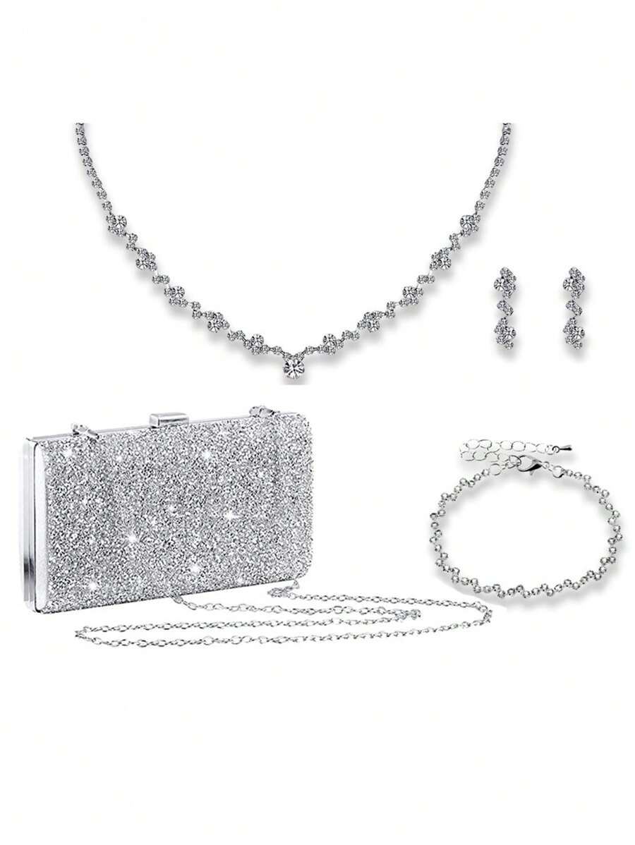 閃爍耀眼,閃閃發光,優雅精緻,時尚女性鑲鑽裝飾晚禮服手拿包,配有手鏈、肩帶、耳環、項鍊和手鐲套裝,晚宴包,派對小姐女士的必備品,適合派對、婚禮、舞會、晚宴/宴會和女性最佳禮物套裝,絕佳的新年和情人節禮物套裝。 - 銀色 - 查看 1