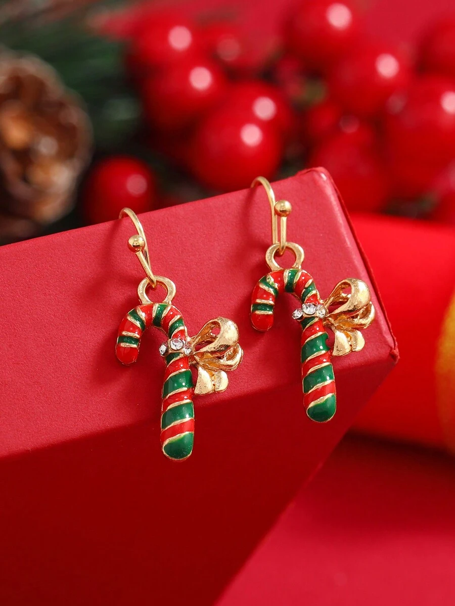 1對卡通可愛的聖誕節糖杖形合金耳環,適合女性在聖誕節戴著