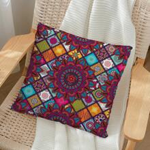 1pc Bohemian Style Geometric Pattern & Classic Floral Print Cushion Cover, Velvet Square Pillowcase With Single Side Printing Without Pillow Core, Suitable For Living Room, Bedroom, Sofa Decoration - Multicolor - View 4