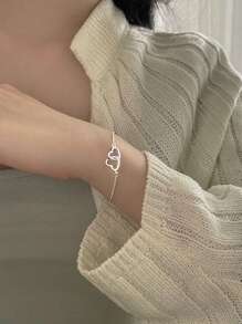 1pc Simple Dual Rings Heart Shaped Bracelet, Perfect For Daily Wear And Best Friends Gift For Women - Silver - View 3