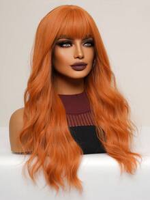華麗的人造纖維耐熱假髮女士長波浪卷髮26吋橙色自然波浪瀏海假髮,日常派對使用cosplay萬聖節時尚假髮