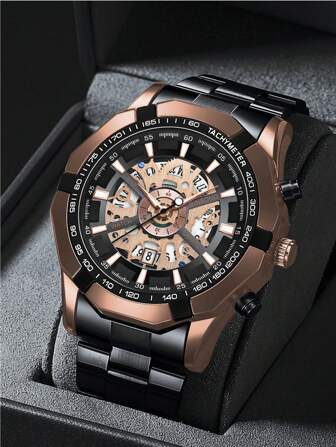 BINBOND 时尚男士镂空石英表 不锈钢防水顶级品牌奢华透明石英运动男表 朋克嘻哈表带风格镂空石英男表